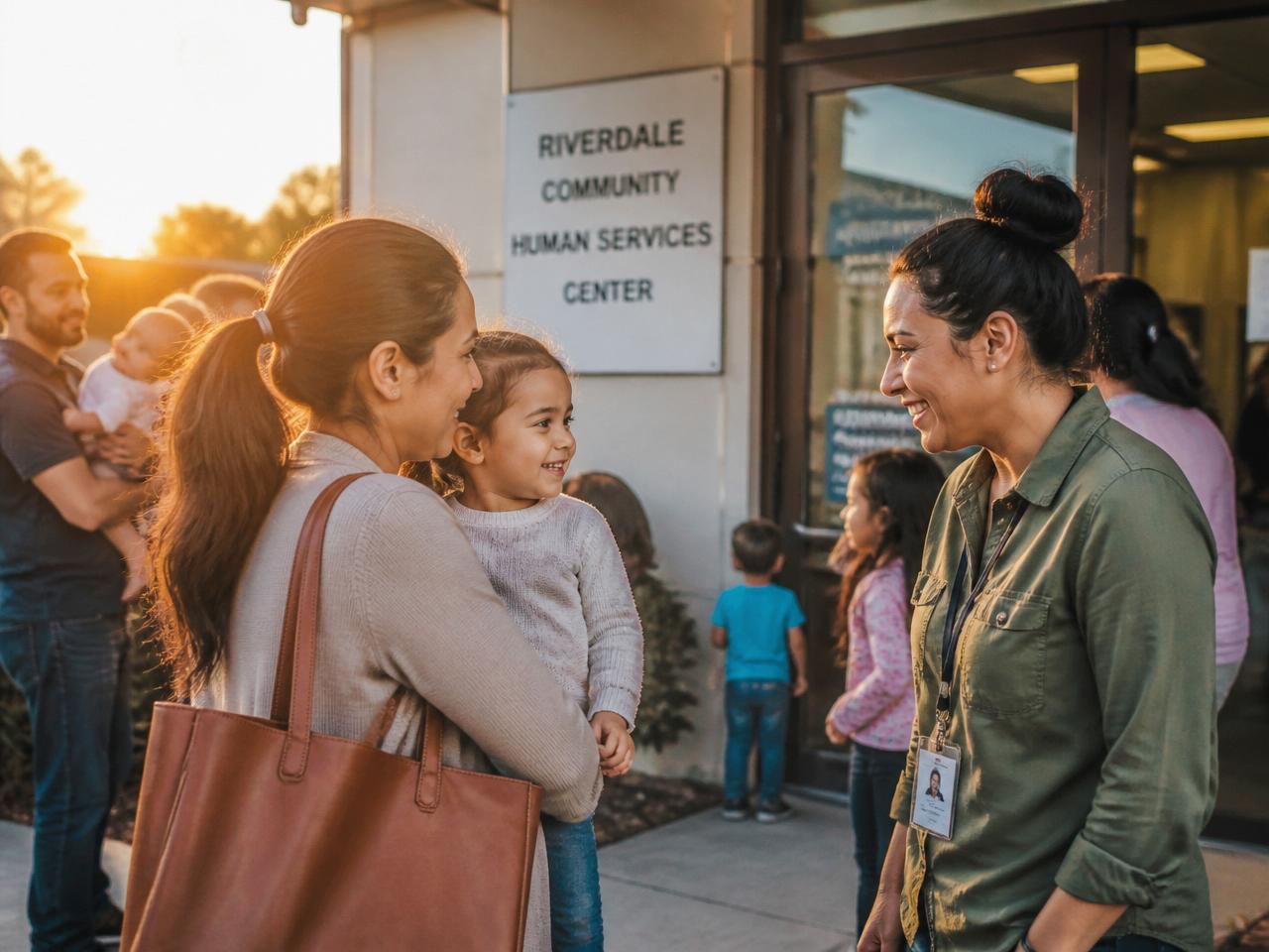 Caseworker greeting a mother and child at a community human services center