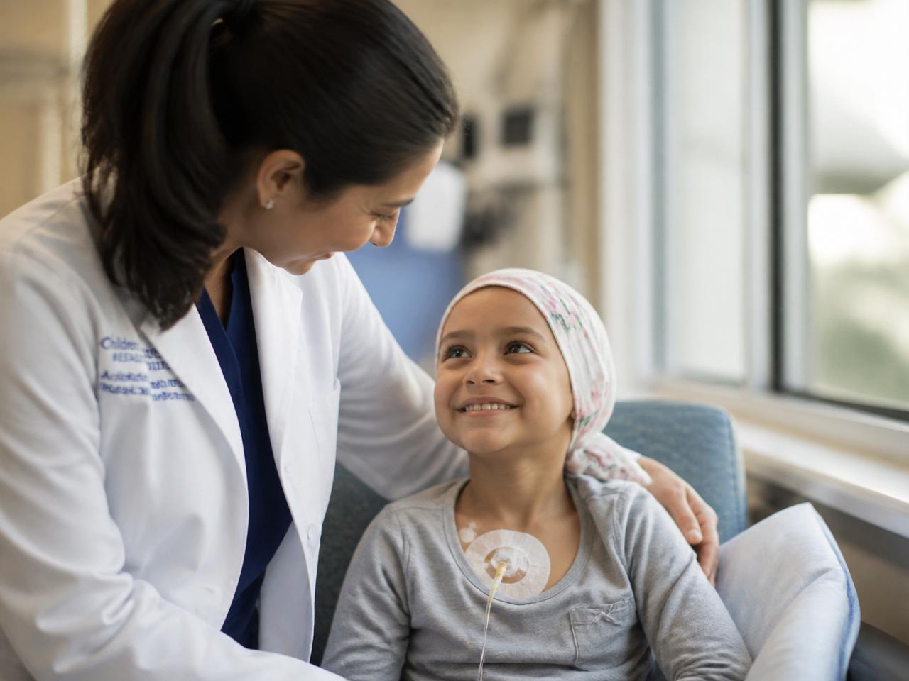 Researcher in a white coat with a young patient at a hospital window