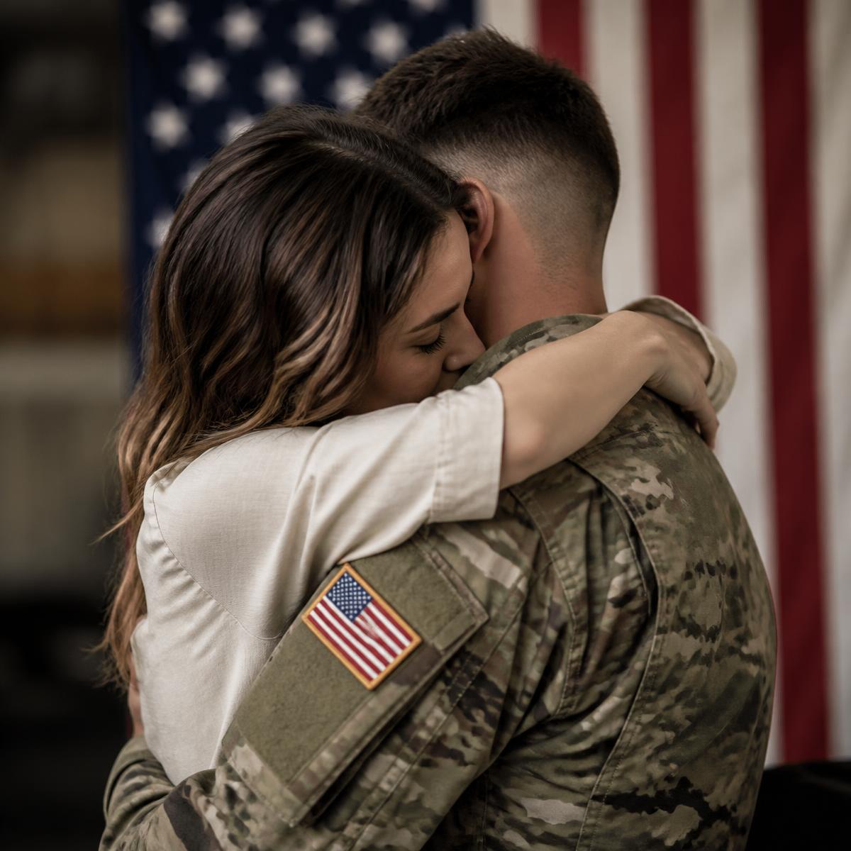 A young woman embraces a US service member in front of an American flag.